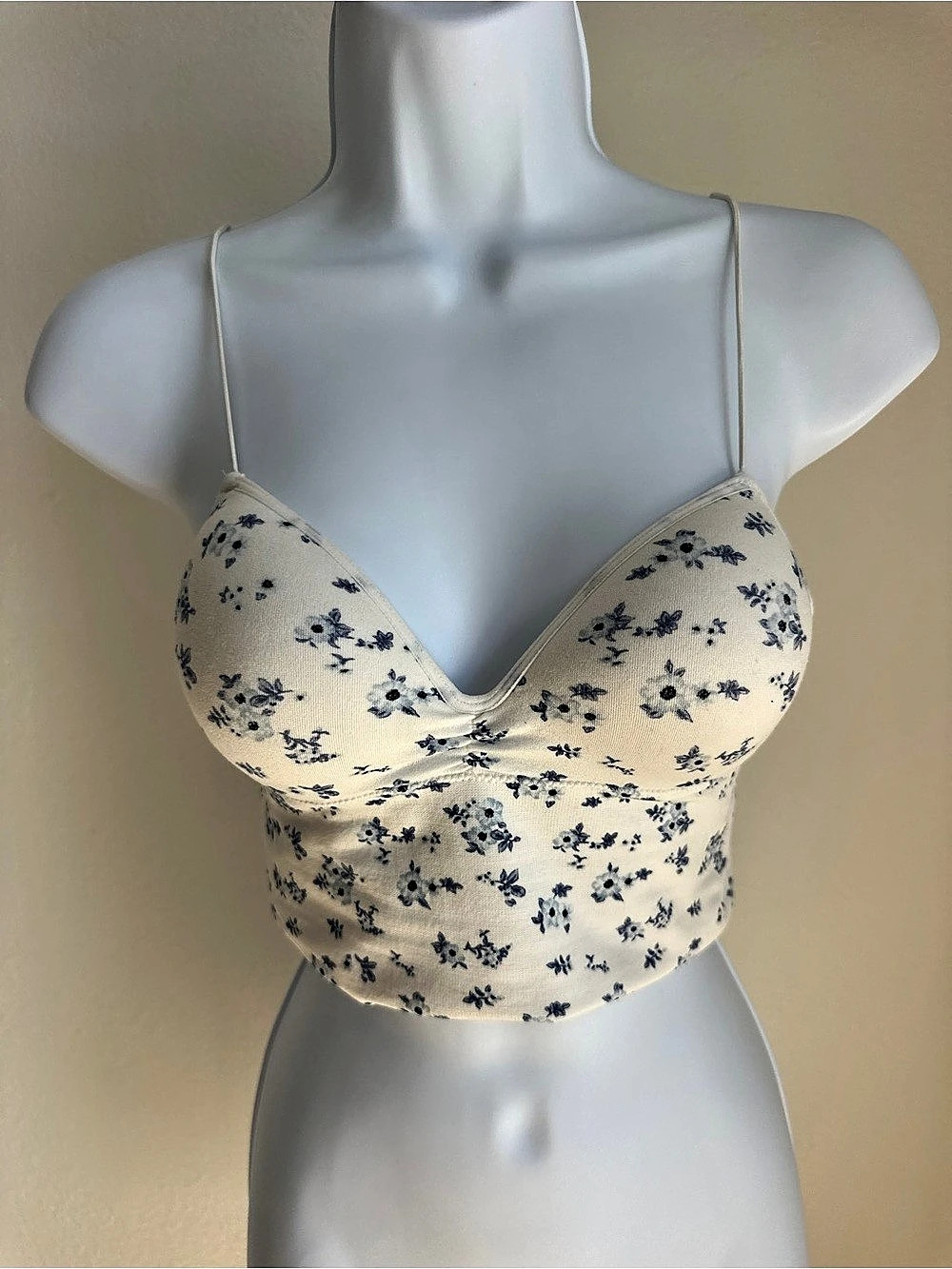 Floral Ruched Crop Top in Cream & Blue Like New